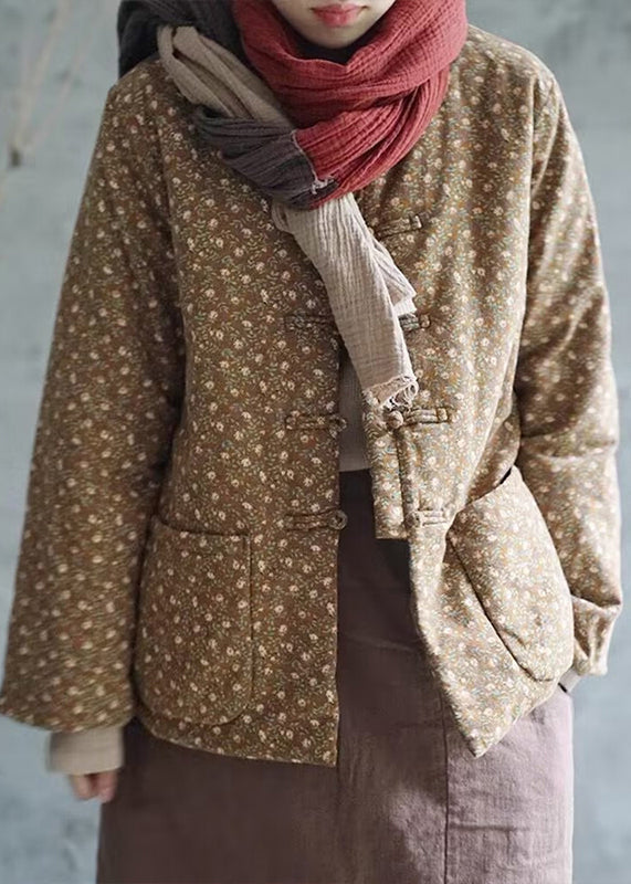 Retro Red Print Button Pockets Cotton Filled Coats Winter Qg029