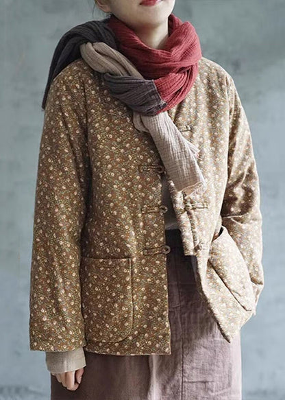 Retro Red Print Button Pockets Cotton Filled Coats Winter Qg029