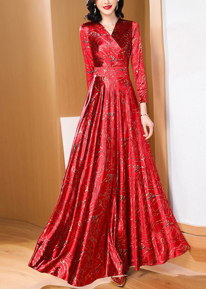 Retro Red Print Slim Fit Satin Long Dresses Spring Ly1735