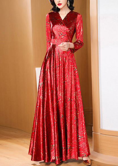 Retro Red Print Slim Fit Satin Long Dresses Spring Ly1735