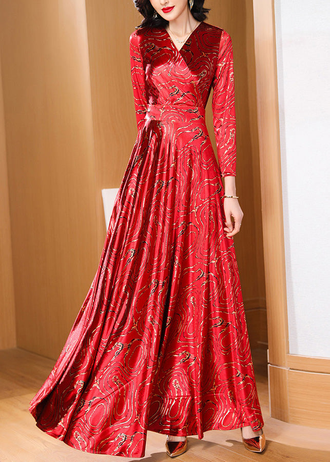 Retro Red Print Slim Fit Satin Long Dresses Spring Ly1735