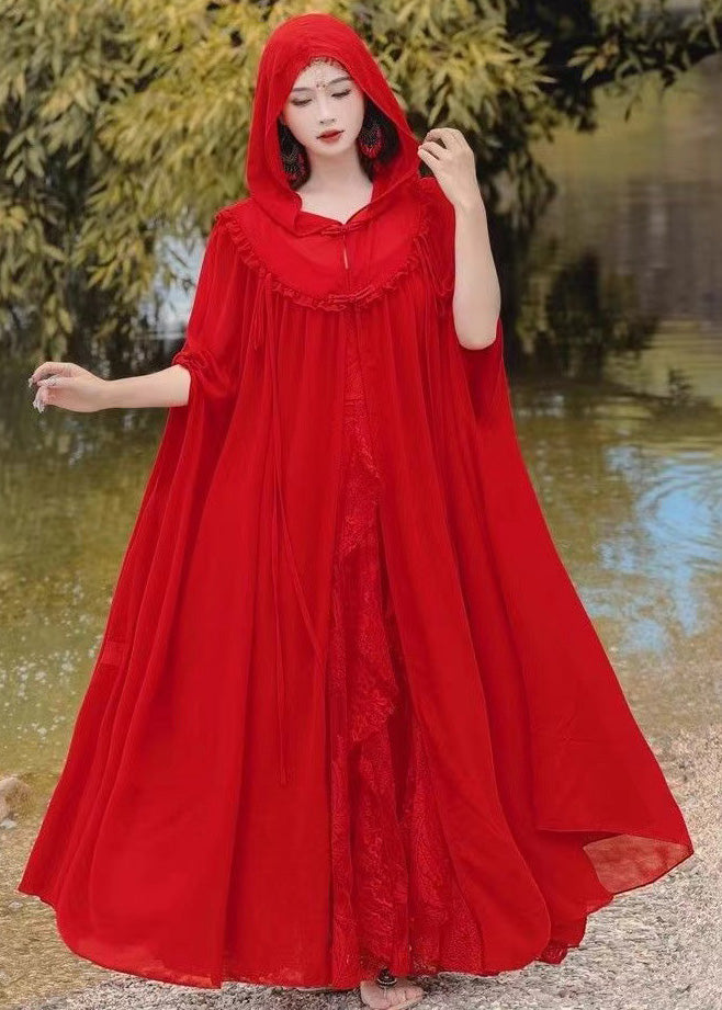 Retro Vacation Style Chiffon Hooded Red Cape and Dress Two-piece Set Xx021