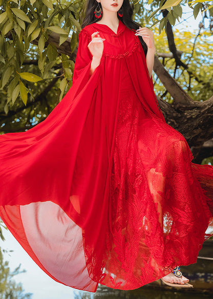 Retro Vacation Style Chiffon Hooded Red Cape and Dress Two-piece Set Xx021