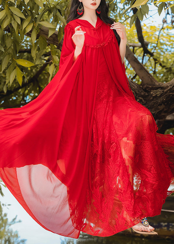 Retro Vacation Style Chiffon Hooded Red Cape and Dress Two-piece Set Xx021
