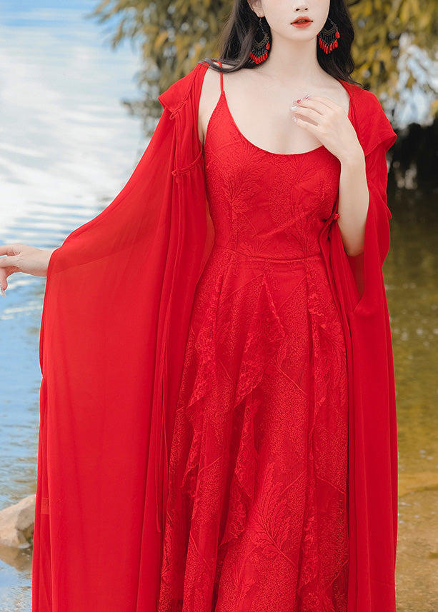 Retro Vacation Style Chiffon Hooded Red Cape and Dress Two-piece Set Xx021