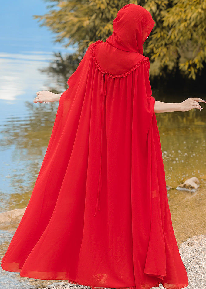 Retro Vacation Style Chiffon Hooded Red Cape and Dress Two-piece Set Xx021