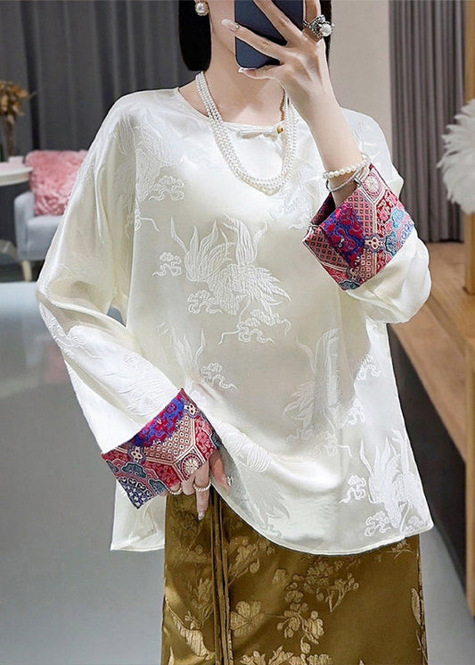 Retro White O Neck Jacquard Silk Blouses Long Sleeve Bb025