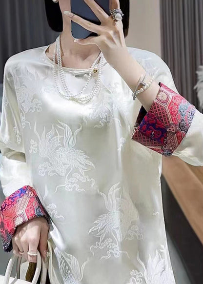 Retro White O Neck Jacquard Silk Blouses Long Sleeve Bb025