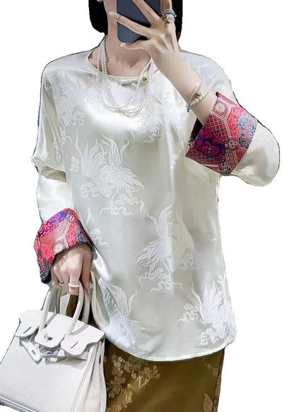 Retro White O Neck Jacquard Silk Blouses Long Sleeve Bb025