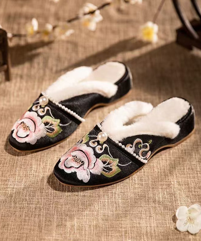 Retro White Slippers Shoes Warm Fleece Splicing Chunky Embroidery Rx022