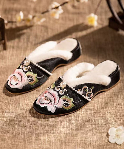 Retro White Slippers Shoes Warm Fleece Splicing Chunky Embroidery Rx022