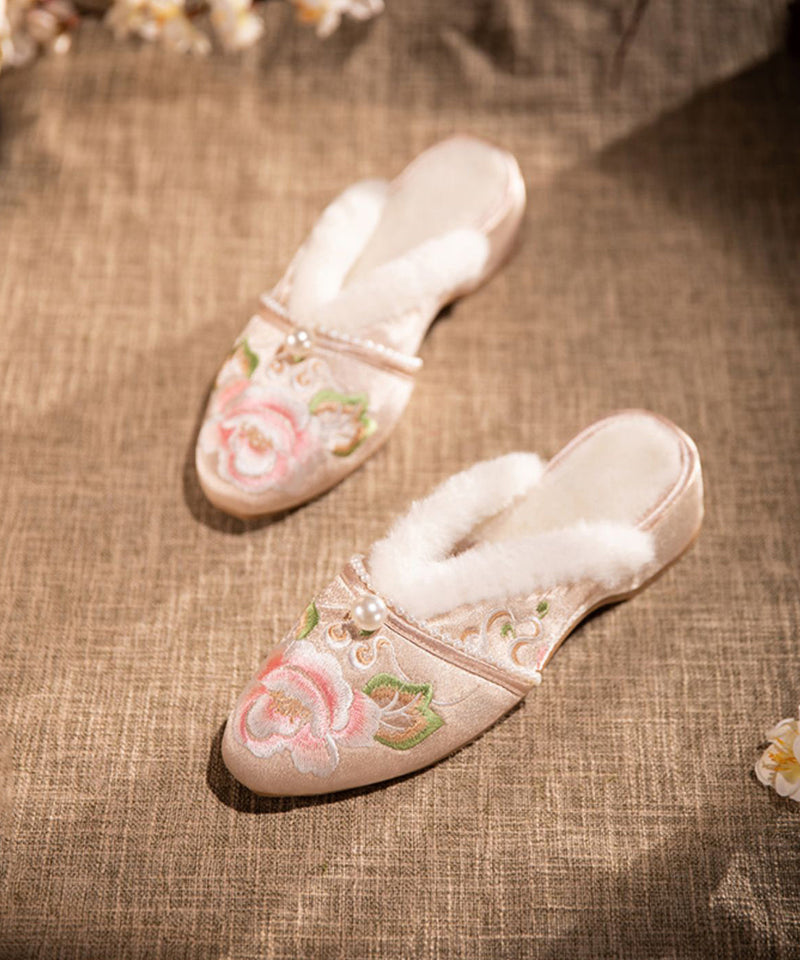 Retro White Slippers Shoes Warm Fleece Splicing Chunky Embroidery Rx022