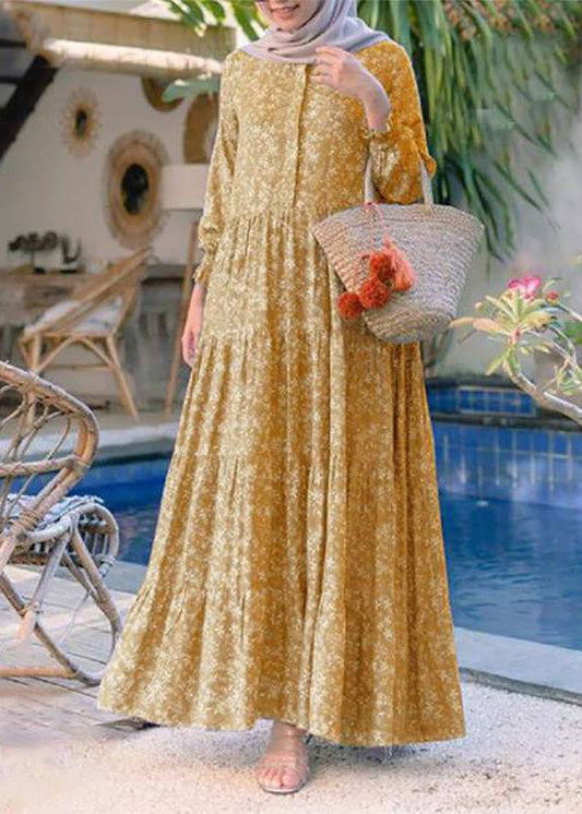 Retro Yellow O-neck Print Patchwork Button Long Dresses Long Sleeve Lc0062