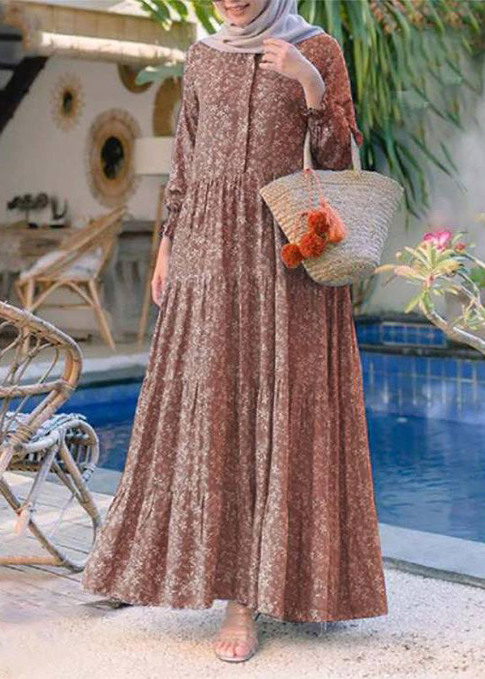 Retro Yellow O-neck Print Patchwork Button Long Dresses Long Sleeve Lc0062