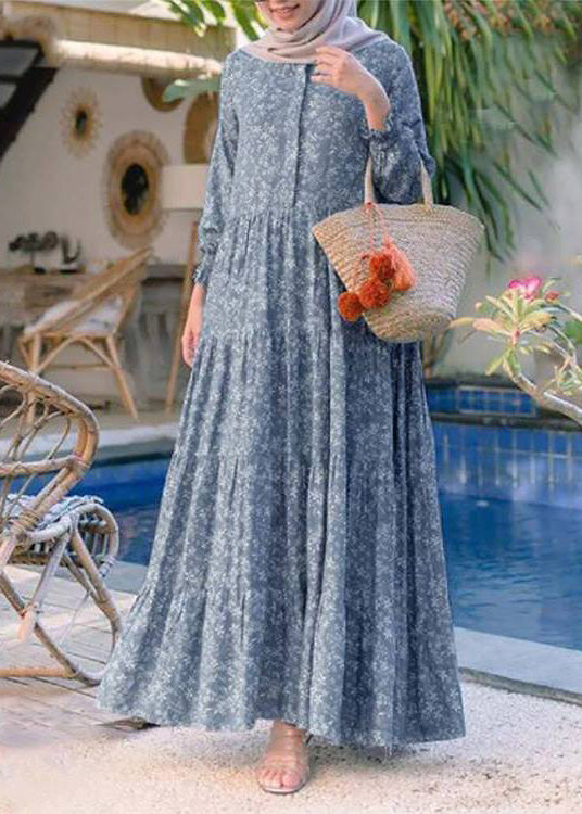 Retro Yellow O-neck Print Patchwork Button Long Dresses Long Sleeve Lc0062