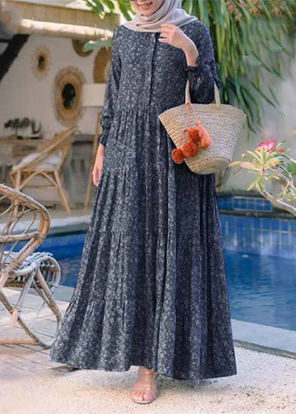 Retro Yellow O-neck Print Patchwork Button Long Dresses Long Sleeve Lc0062