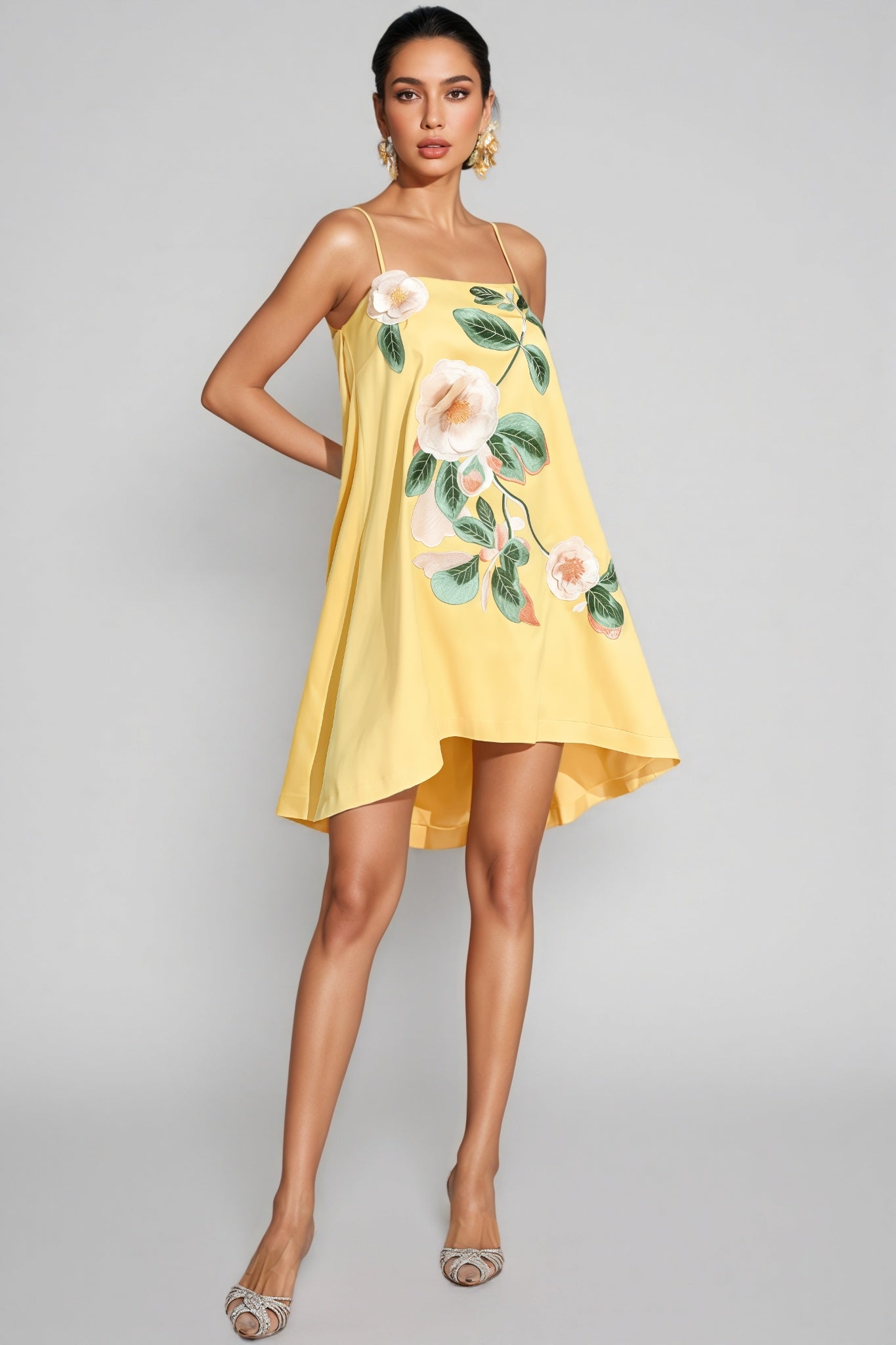 Fawnty Yellow Embroidered Slip Mini Dress