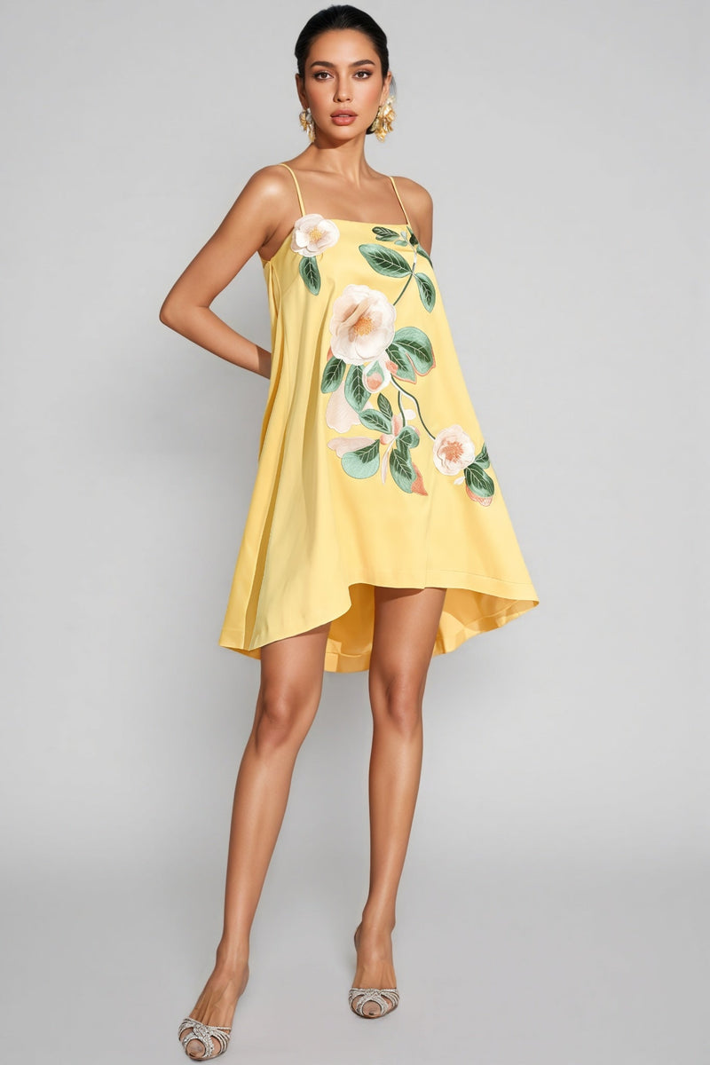 Fawnty Yellow Embroidered Slip Mini Dress