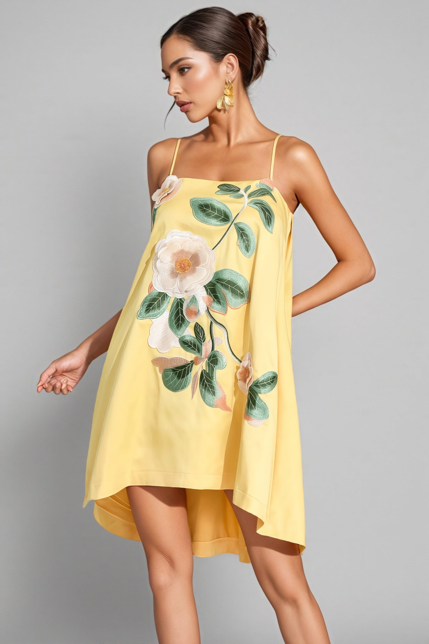 Fawnty Yellow Embroidered Slip Mini Dress