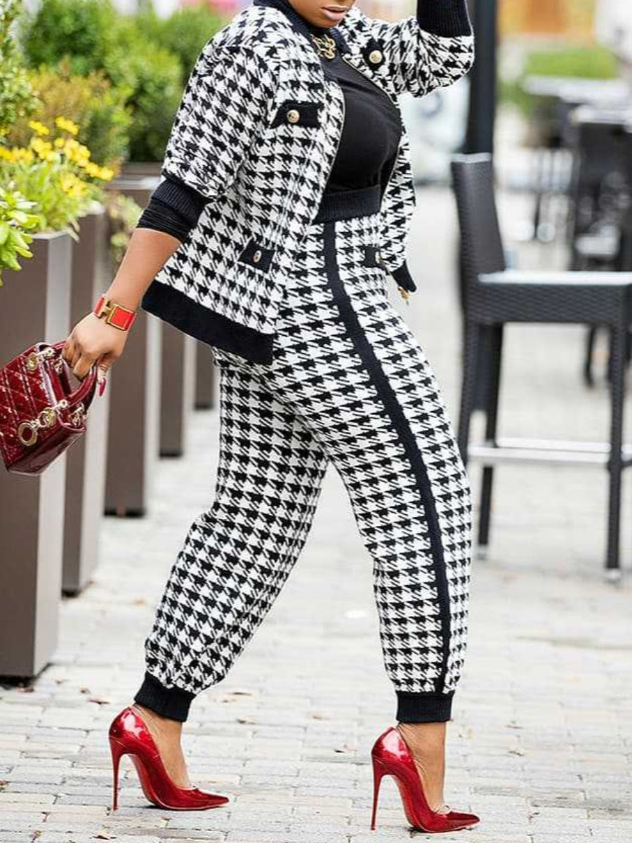 Houndstooth Pocket Design Pants Set Ar7075