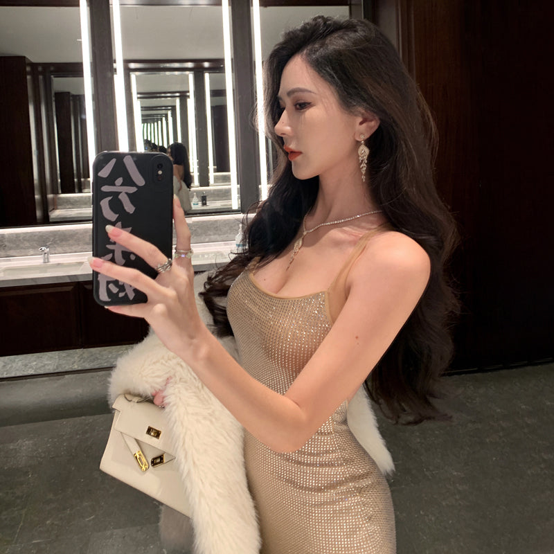 Rhinestone-embellished Slip Dress Party Night Maxi Dress