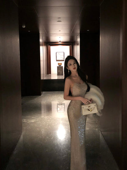 Rhinestone-embellished Slip Dress Party Night Maxi Dress