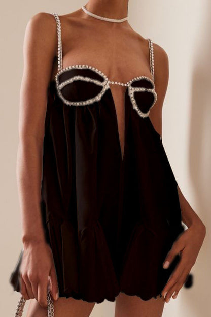 Rhinestone Straps Low Cut Ruched Mini Dress