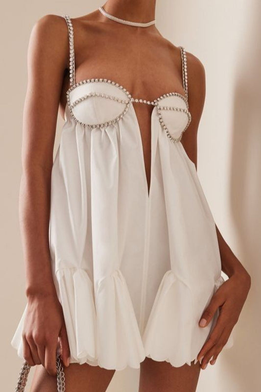 Rhinestone Straps Low Cut Ruched Mini Dress