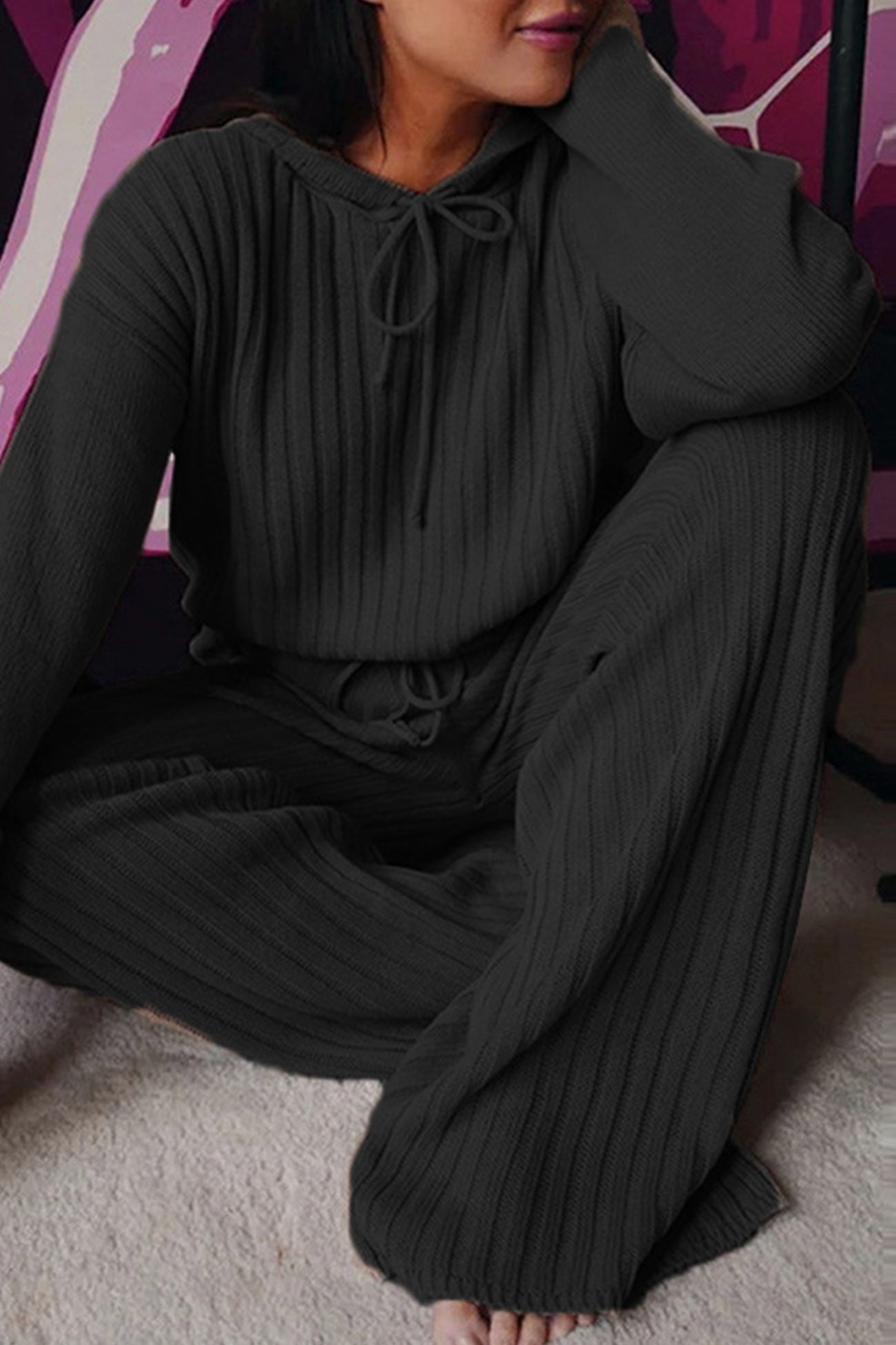 Ribbed Drawstring Hoodie Long Pants Set