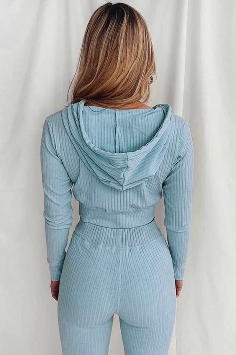 Ribbed Knit Hoodie Long Pants Suits