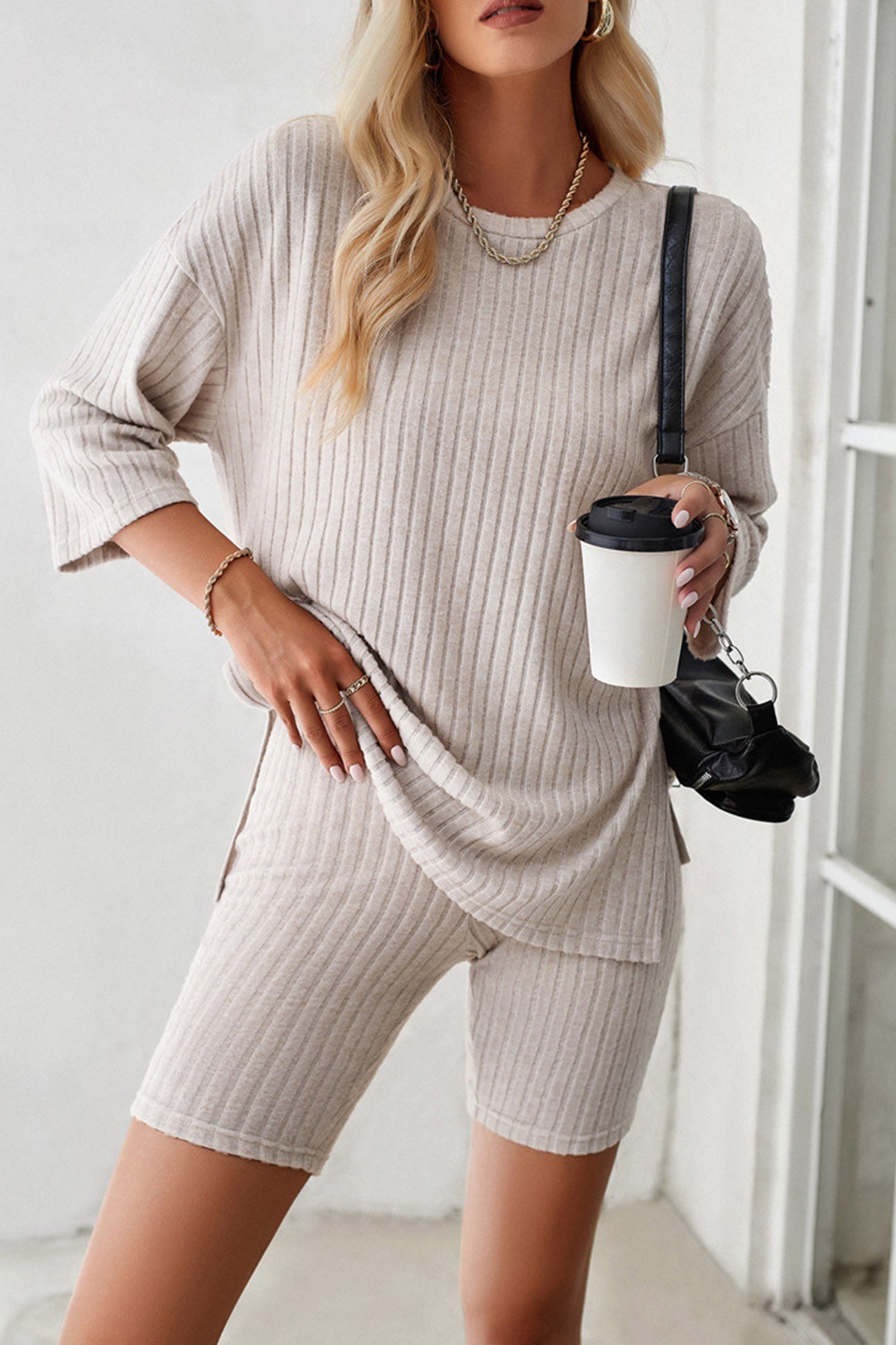 Ribbed Knit T-shirt Shorts Suits