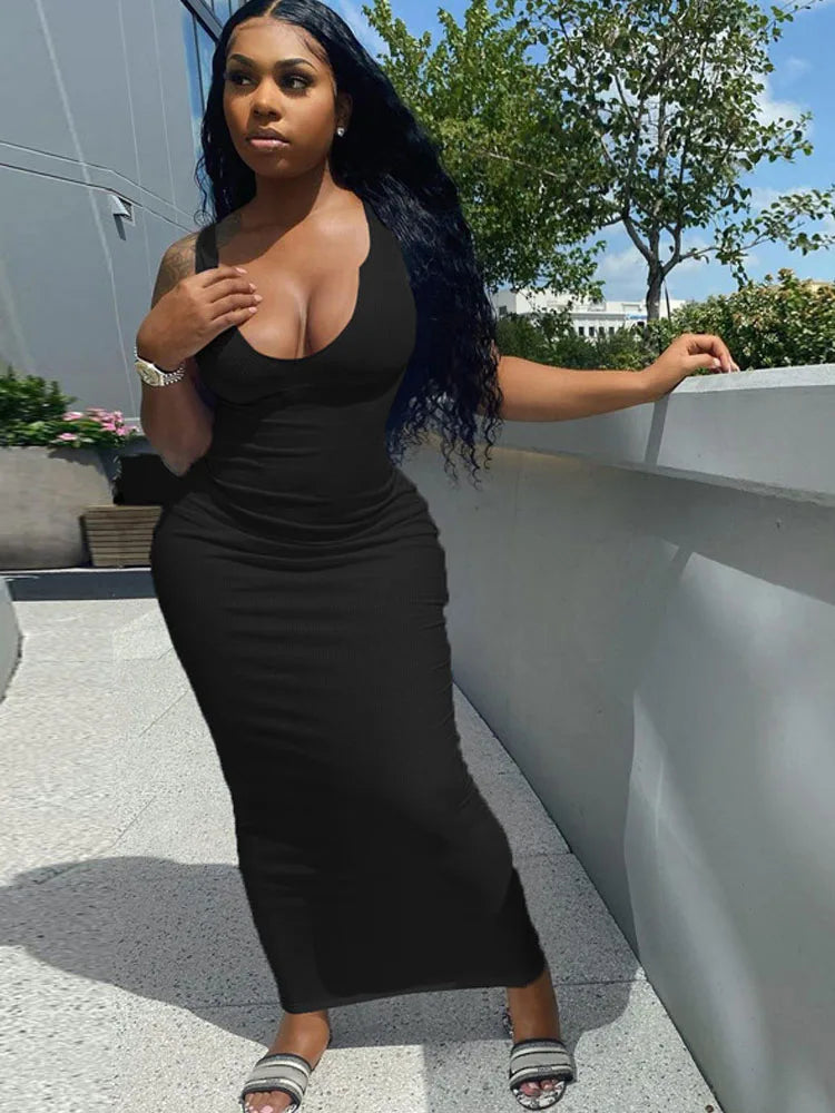 Ribbed Knitted Stripe V Neck Club Summer Midi Dresses