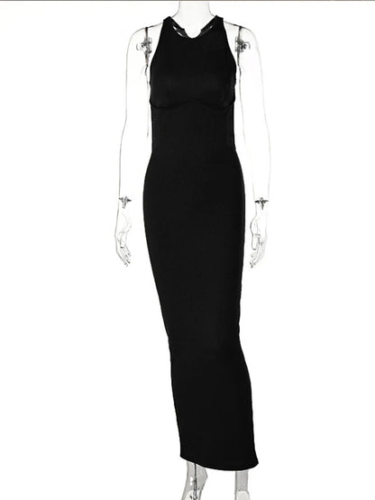 Ribbed Hollow Backless Sleeveless Slit Mini Y2k Midi Dresses