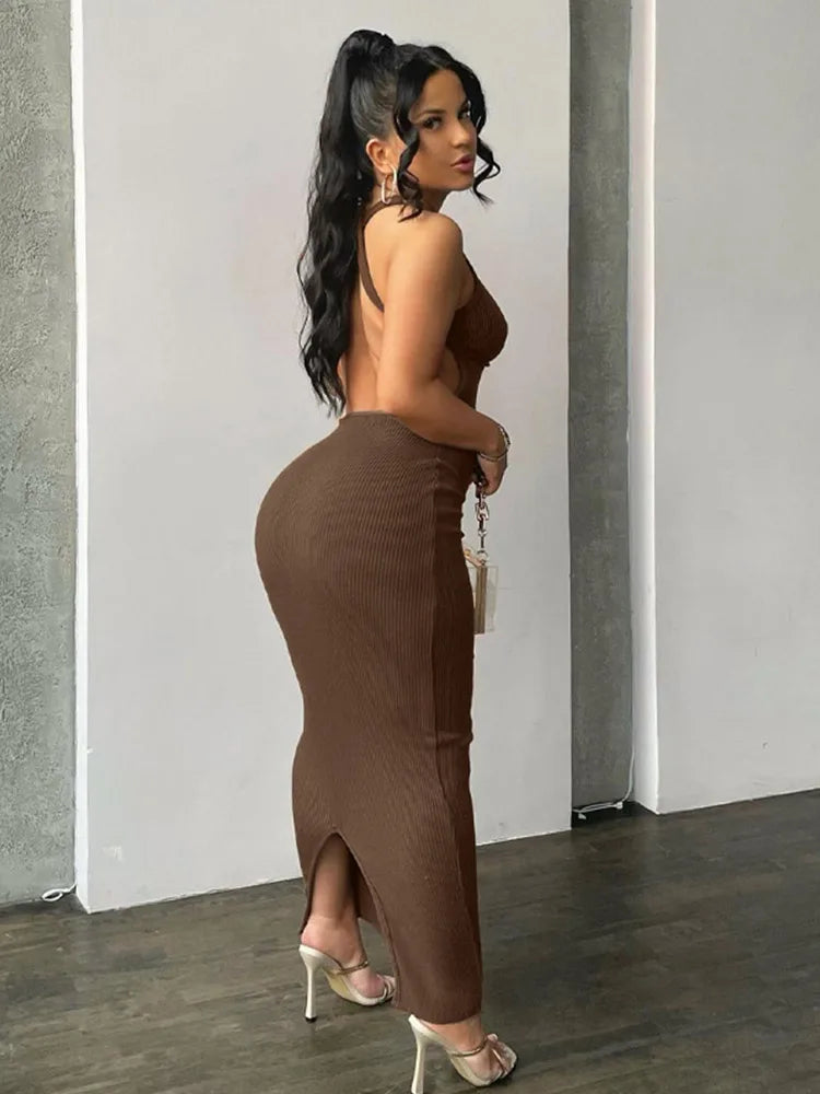 Ribbed Hollow Backless Sleeveless Slit Mini Y2k Midi Dresses