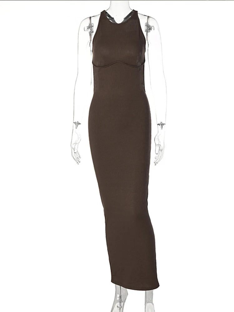 Ribbed Hollow Backless Sleeveless Slit Mini Y2k Midi Dresses