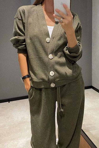 Color Button Down Cardigan Long Pants Set