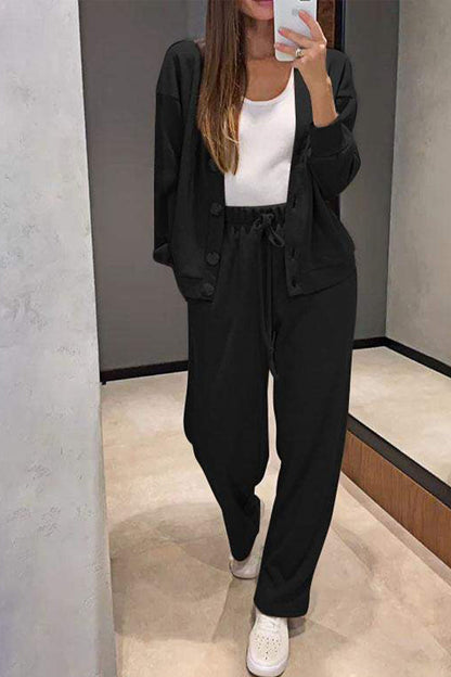 Color Button Down Cardigan Long Pants Set