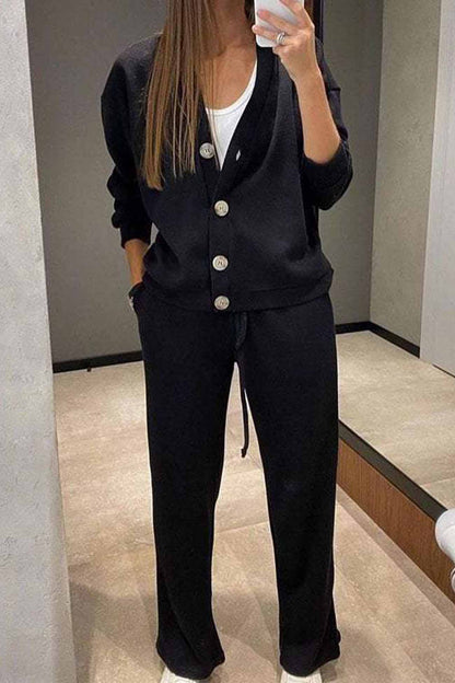 Color Button Down Cardigan Long Pants Set