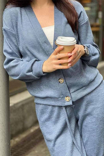 Color Button Down Cardigan Long Pants Set