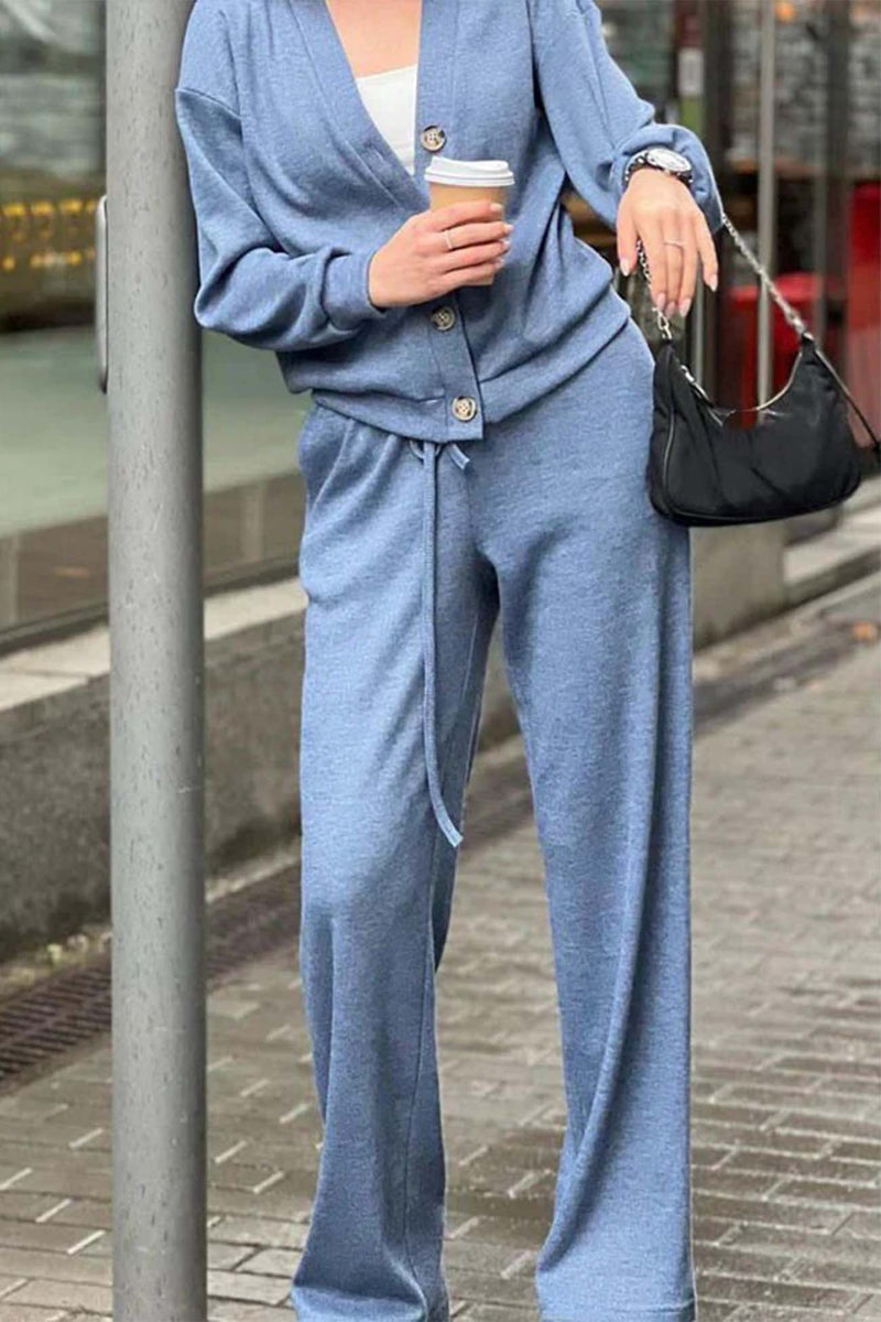 Color Button Down Cardigan Long Pants Set