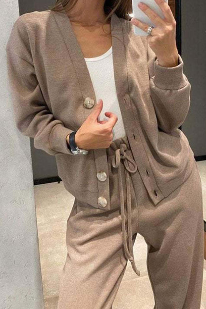 Color Button Down Cardigan Long Pants Set