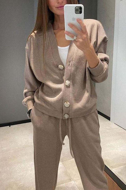 Color Button Down Cardigan Long Pants Set
