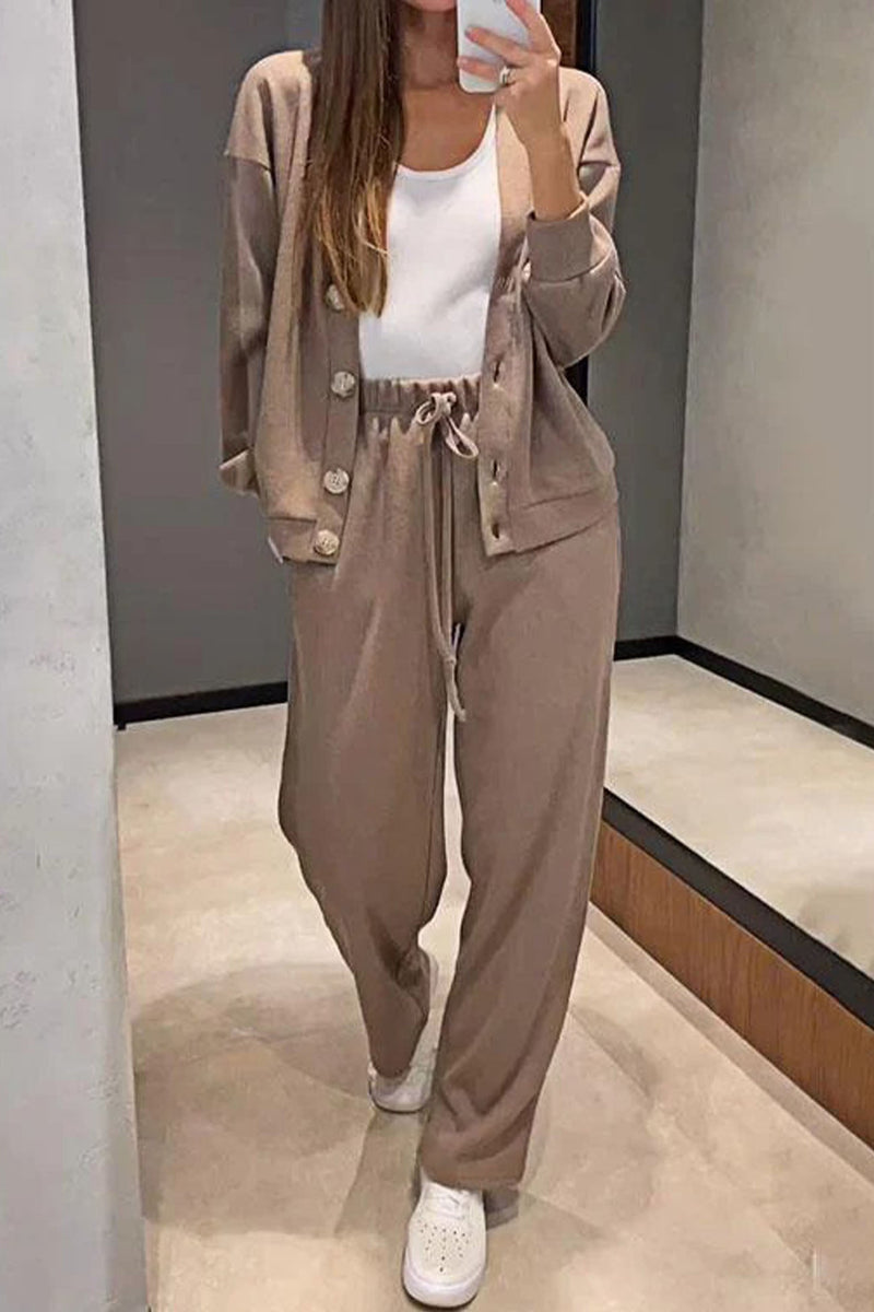 Color Button Down Cardigan Long Pants Set