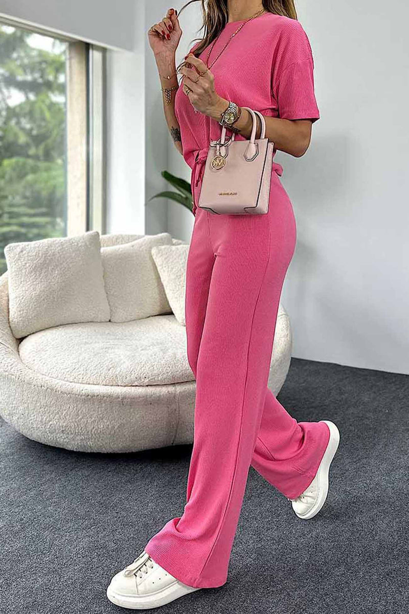 Ribbed Short Sleeve Drawstring Long Pants Set