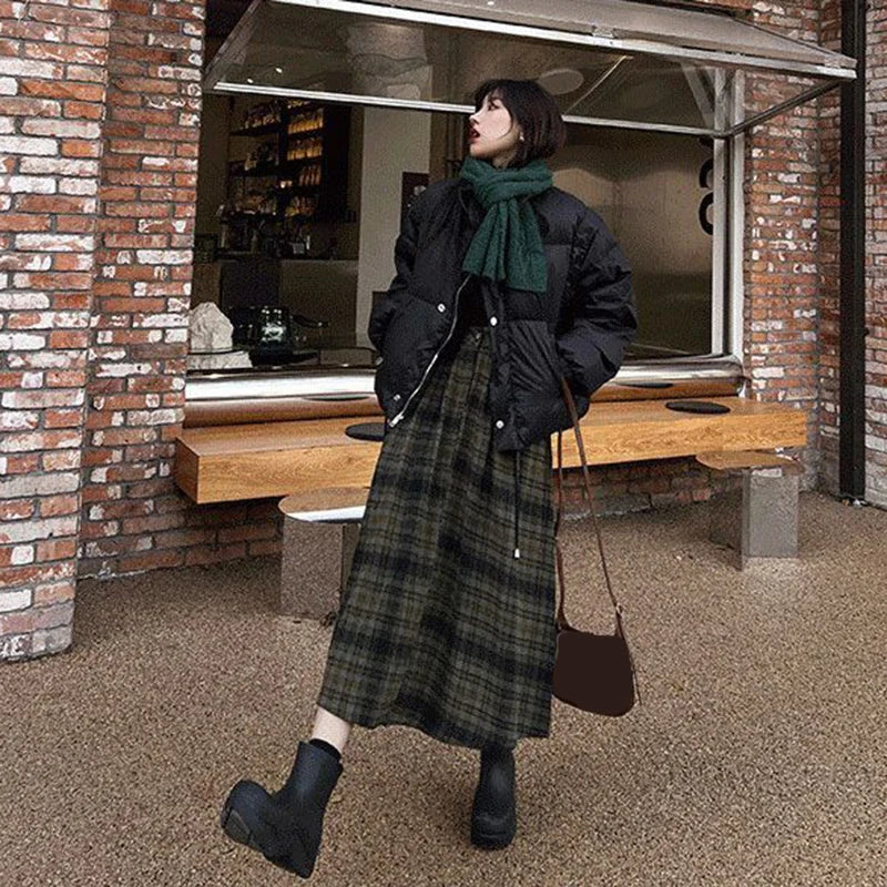 Dressbetty - Woolen Plaid High Waist A-line Midi Skirt