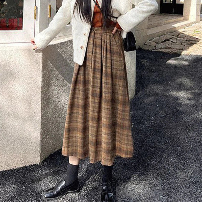 Dressbetty - Woolen Plaid High Waist A-line Midi Skirt