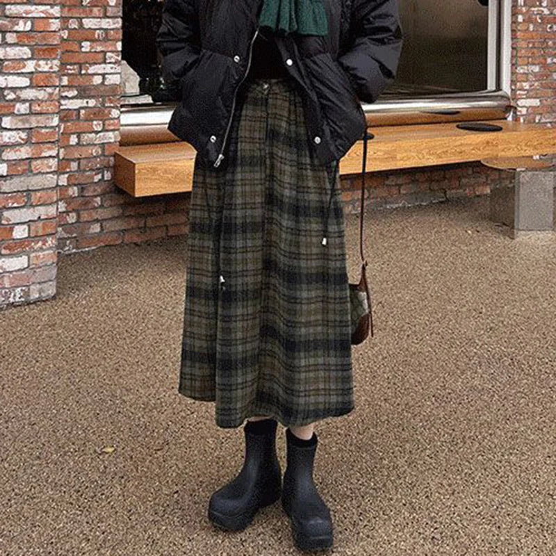 Dressbetty - Woolen Plaid High Waist A-line Midi Skirt