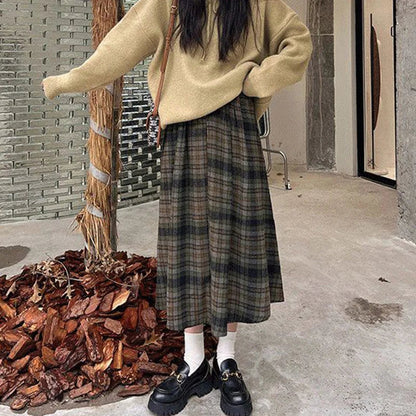 Dressbetty - Woolen Plaid High Waist A-line Midi Skirt