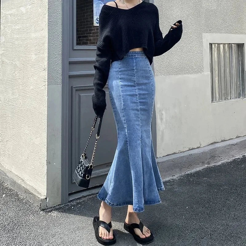 Dressbetty - Split High Waisted Denim Mermaid Skirt