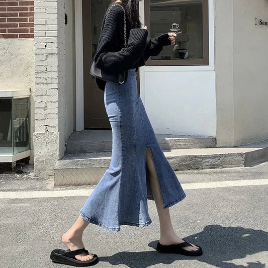 Dressbetty - Split High Waisted Denim Mermaid Skirt